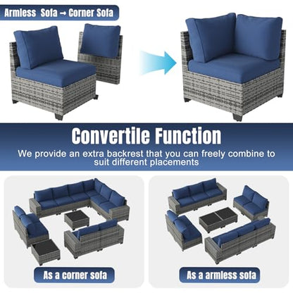 Aoxun 12 Pieces Patio Furniture Set Wicker Rattan Outdoor Sectional Conversation Set with Coffee Table and 4” Thickened Cushions, Gray Blue(Waterproof Cover Included)