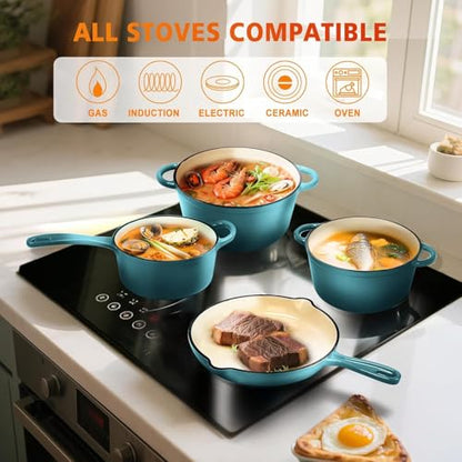 Hisencn Enameled Cast Iron Cookware Set - 7 Piece Set of Dutch Ovens, Sauce Pan, Skillet, 3 Lids, Dutch Oven Set, Ceramic Coated Cast Iron, Heavy Duty, Gas/Induction Compatible (Teal)