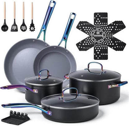 Ammeloo 17 Pcs Ceramic Cookware Set, Induction Pots and Pans Set Non Stick, Premium Colored Stay Cool Handle, Non Toxic PFOA PFOS Free, Oven Safe & Compatible with All Stovetops, Black