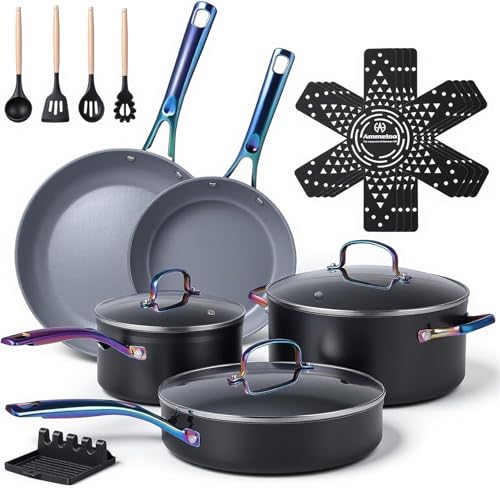 Ammeloo 17 Pcs Ceramic Cookware Set, Induction Pots and Pans Set Non Stick, Premium Colored Stay Cool Handle, Non Toxic PFOA PFOS Free, Oven Safe & Compatible with All Stovetops, Black