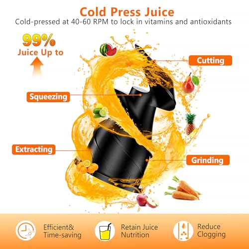 Cold Press Juicer Machine, Slow Masticating Juicer with 96% Yield, Wide Chute for Whole Fruits, Ultra Quiet (<60dB) for Leafy Greens & Celery (Silvery)