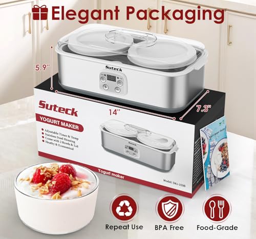 Suteck Yogurt Maker with Glass Jar- Stainless Steel Yogurt Machine with Adjustable Time & Temp Control, Homemade Greek, Probiotic Yogurt, BPA-Free 2 Yogurt Bowls (2 Quart)