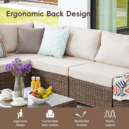 PAIQIAN 5 Piece Patio Furniture Set, Wicker Outdoor Sectional, Beige/Brown