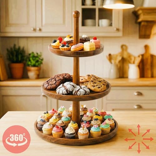BURMAN Cupcake Stand Dessert Table Display Set – 2 in 1 Adjustable Height Rustic Natural Acacia Cupcake Holder Round Wood Tray – Three Tiered Serving Stand with Rotating Wheels, Anti Slip Stickers