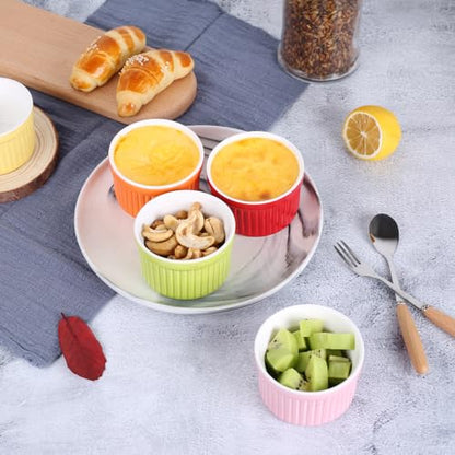 YAZYLIFE Ramekins 4oz,Creme Brulee Ramekins and Souffle Dishes,Porcelain Oven Safe Baking Bowls,Pudding Cups,Dipping bowl,Set of 6,Pink.