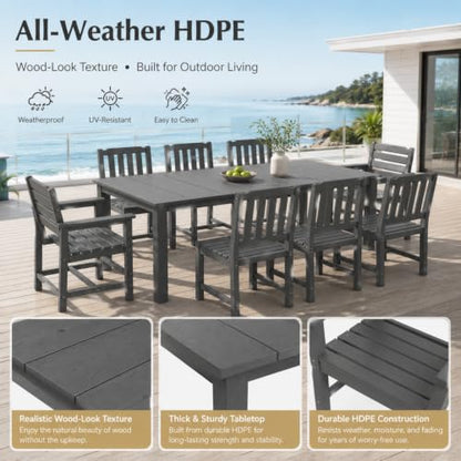Kingdura 9 Piece Patio Dining Set for 8, All-Weather HDPE Patio Furniture, Ergonomic Chairs and 75.2'' Large Table Set with Built-in Umbrella Hole, UV-Resistant for Backyard, Deck, Poolside