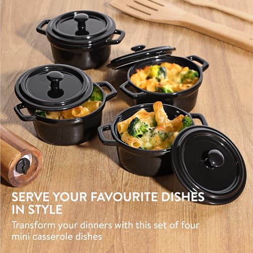 Navaris Small Casserole Dish with Lid - Oven Proof Dishes - Mini Cocotte Casseroles Easy Clean - Mini Dutch Oven Pot with Lid - Set of 4-8 oz (237 ml) - Black