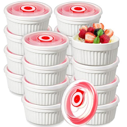 LOYIM 12 Pack 6 oz Ramekins with Lids Oven Safe Porcelain Creme Brulee Ramekins with Covers White Pudding Custard Cups Stackable Ramekins Ceramic Bowls for Baking Dishwasher Ice Cream Serving Dip