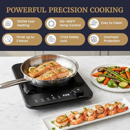 Elite Gourmet Slim Portable Induction Cooktop, 1500W Countertop Burner with 10 Power Levels & Temperature Control (140°F–465°F), Ultra-Slim 2" Design, Digital Touch Controls, Timer & Child Lock