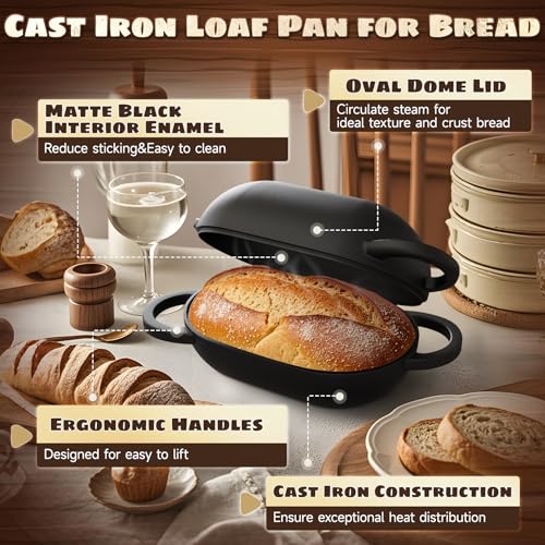 Enameled Cast Iron Oval Bread Oven with Non-Stick Silicone Liner, 2QT, Black, Mini Oval Homemade Sourdough Dutch Oven with Lid, Artisan Bread Loaf Pan for Homemade Bread Five-Years Free Replacement