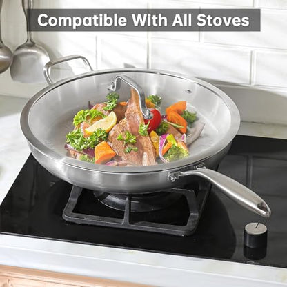 DELARLO Tri-ply Stainless Steel Kitchen Cookware Frying Pan Set with Lid 12" 14" Induction large Skillets Chef's Pan,Pots and Pans Set Kitchen Cookware Set Suitable for All Stove
