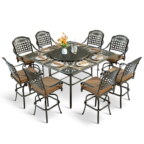 MEETWARM 10-Piece Outdoor Bar Set, All Weather Cast Aluminum High Patio Dining Set with 8 Cushioned Swivel Bar Stools, Large 64" Square Patio Bar Height Table with Detachable Lazy Susan, Umbrella Hole