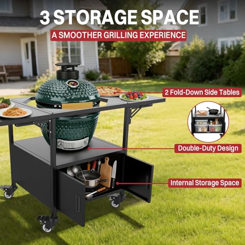 Outdoor Grill Cart for Big Green Egg Style| Egg BBQ Grill with a Cover| 3-Duty Storage| 2 Sided Prep Table| 530Lbs&Heavy Duty Metal |Outside-in Easy Assembly| Compatible with Big Green Egg, Kamado Joe