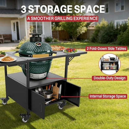 Outdoor Grill Cart for Big Green Egg Style| Egg BBQ Grill with a Cover| 3-Duty Storage| 2 Sided Prep Table| 530Lbs&Heavy Duty Metal |Outside-in Easy Assembly| Compatible with Big Green Egg, Kamado Joe