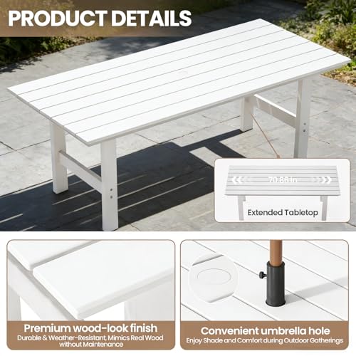 Polyhouz Outdoor Dining Set for 6, 7-Piece Patio Table and Chairs Set, HDPE Outdoor Dining Table and Chairs with Umbrella Hole, All-Weather Dining Furniture Set,White