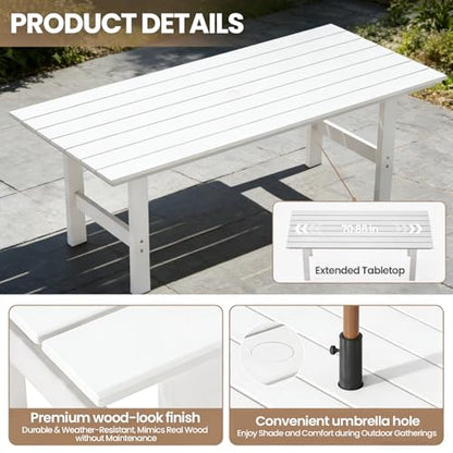 Polyhouz Outdoor Dining Set for 6, 7-Piece Patio Table and Chairs Set, HDPE Outdoor Dining Table and Chairs with Umbrella Hole, All-Weather Dining Furniture Set,White