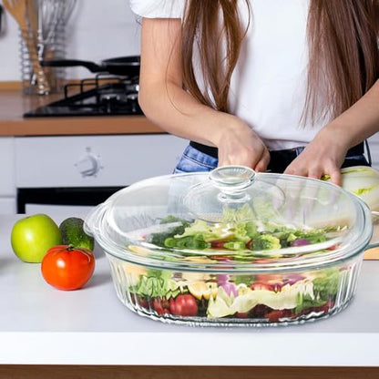 Luvan 2.8L/3Qt Glass Casserole Dish with Lid, Ribbed Oval Glass Baking Dish for Oven & Microwave, Clear Lead-Free Covered Casserole Cookware, Versatile Deep Glasses Food Container for Baking, Cooking