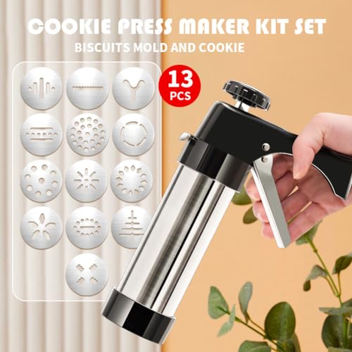Cookies Press Gun,Stainless Steel Spritz Cookie Press with 13 Cookie Presss Discs and 8 Icing Tips,Durable Butter Cookies Shooter for DIY Biscuits(silver)