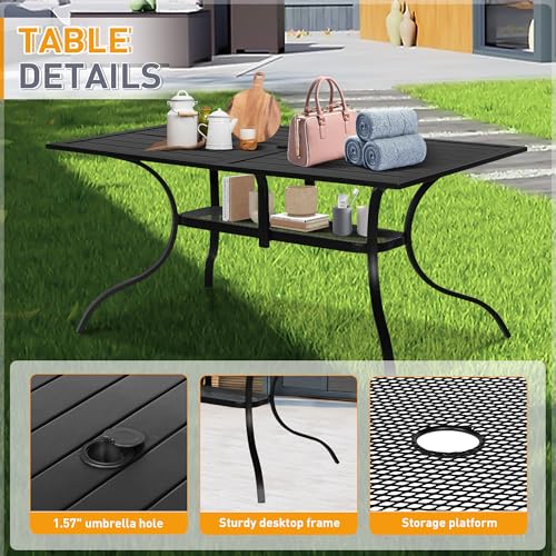 SUNCROWN 8-Piece Outdoor Wrought Iron Chairs and Table Patio Dining Furniture Set-6 Stackable Metal Chairs, 1 Steel Slat Bistro Table and 1 Dark Blue 9Ft Patio Umbrella for Garden Backyard Deck