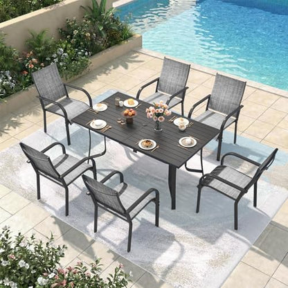 DSNAPE 7 Pieces Patio Table and Chairs Set, 63" Metal Dining Table with Umbrella Hole & 6 Textilene Fixed Chairs, Dining Table Set for 6, Outdoor Furniture for Porch Deck Backyard Balcony, Grey