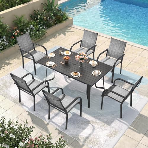 DSNAPE 7 Pieces Patio Table and Chairs Set, 63" Metal Dining Table with Umbrella Hole & 6 Textilene Fixed Chairs, Dining Table Set for 6, Outdoor Furniture for Porch Deck Backyard Balcony, Grey