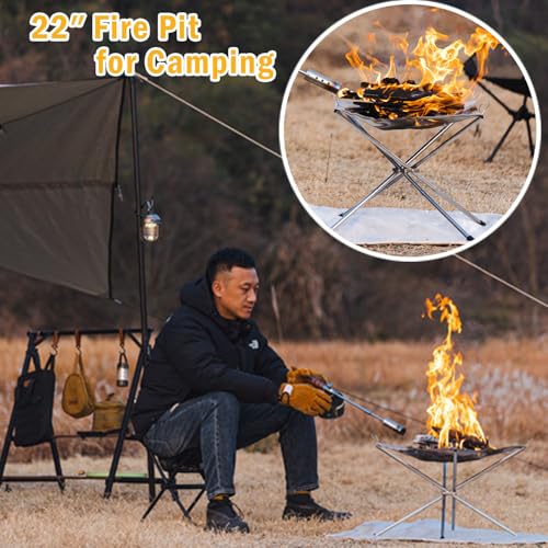 22 Inch Portable Outdoor Fire Pit with Carrying Bag,Foldable Stainless Steel Mesh Fireplace Wood Burning Collapsible Fireplace for Camping Outdoor Hiking BBQ Picnic