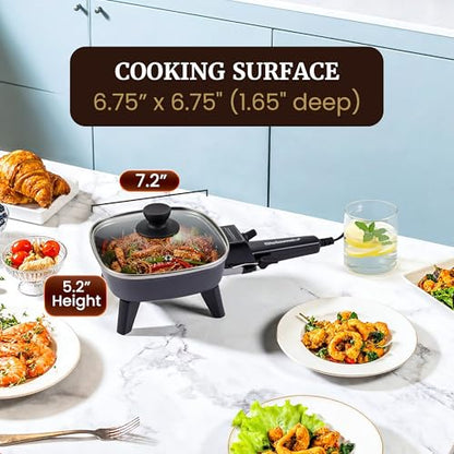 Elite Gourmet EFS059 Personal Electric Skillet, 7” Compact Portable Cooker, Adjustable Temperature, 600W Rapid Heating, Nonstick Surface, Tempered Glass Lid, Removable Handle, Black