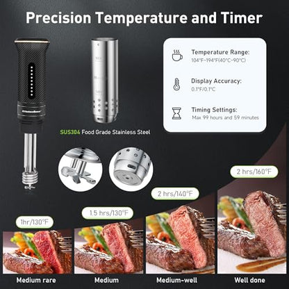KitchenBoss Wifi Sous Vide Machine: Ultra-quiet Sous Vide Cooker Immersion Circulator APP Control, IPX7 Waterproof Stainless Steel 1100W Professional Sous Vide Precision Cooker, Black (G300PT)