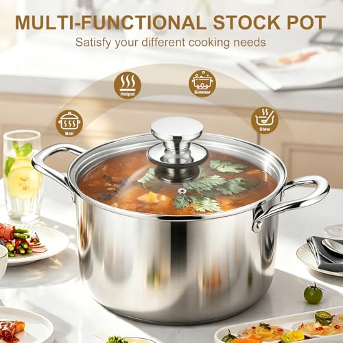P&P CHEF 8 Quart Tri-Ply Stainless Steel Stock Pot, 8 Qt Stockpot Pasta Cooking Pot with Visible Lid for Soup Vegetable, Induction Cookware for All Stoves, Sturdy & Double Handle, Dishwasher Safe