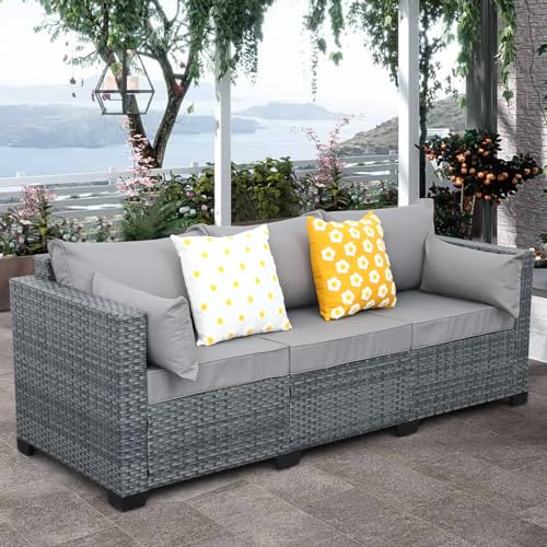 Lviden Wicker Patio Couch Outdoor 3-seat Sofa with All-Weather Rattan Deep Seater Outdoor Couch with Anti-Slip Cushions and Furniture Cover, Light Grey