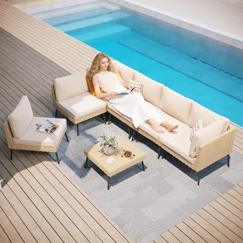 Aoxun 7-Piece Patio Furniture Set, Wicker Outdoor Furniture with Water Resistant Thick Cushions, Patio Conversation Set Outdoor Sectional Sofa with Coffee Table for Backyard Poolside, Beige