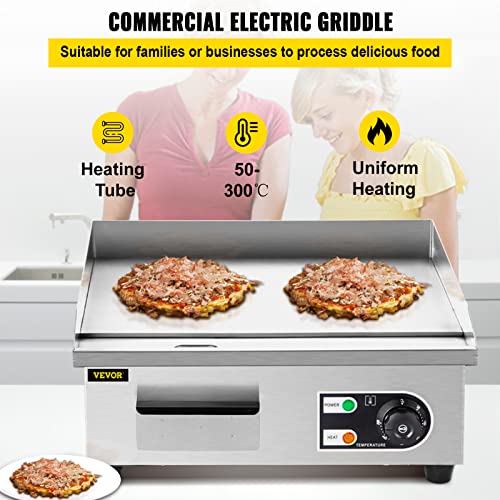 VEVOR 14" Commercial Electric Griddle,110V 1500W Electric Countertop Griddle Non-Stick Restaurant Teppanyaki flat top Grill Stainless Steel 122°F-572°F Adjustable Temperature Control(No Plug)