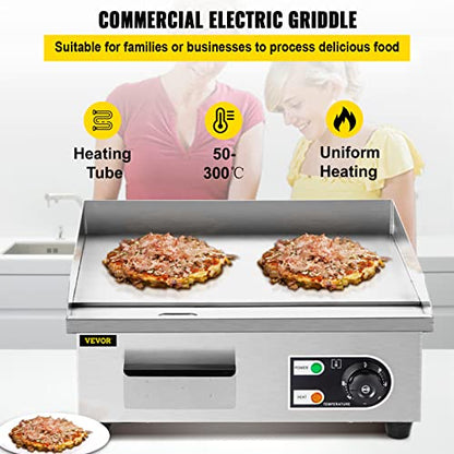 VEVOR 14" Commercial Electric Griddle,110V 1500W Electric Countertop Griddle Non-Stick Restaurant Teppanyaki flat top Grill Stainless Steel 122°F-572°F Adjustable Temperature Control(No Plug)