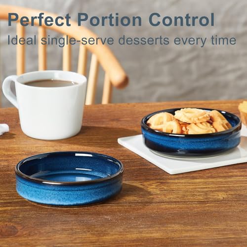 ONEMORE 4 oz Ramekins Oven Safe, Ceramic Ramekins for Creme Brulee, Custard, Pudding, Souffle, Blue Shallow Ramekin Dishes, Small Porcelain Ramekin Set of 6 for Baking & Serving