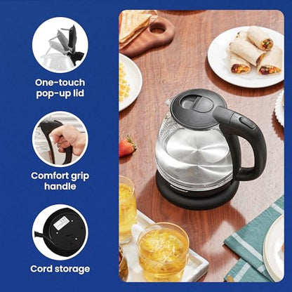 Elite Gourmet EKT1001 Electric 1.0L BPA-Free 1100W Glass Kettle Cordless 360° Base, Stylish Blue LED Interior, Handy Auto Shut-Off Function – Quickly Boil Water For Tea & More, Black