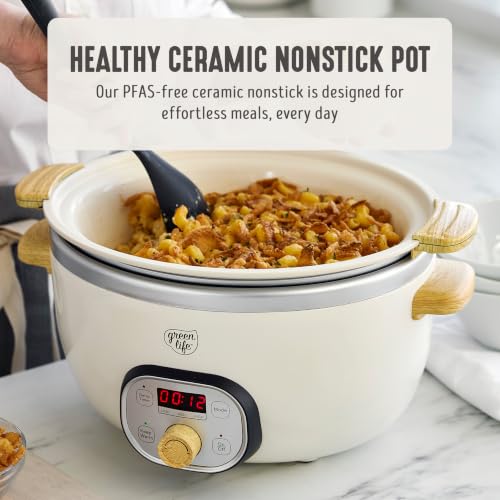 GreenLife 6QT Slow Cooker, Non-Toxic PFAS-Free Ceramic Nonstick Removable Interior Bowl, Programmable, Family Friendly, Keep Warm, Stovetop & Oven Safe, Dishwasher Safe Crock, Timer, Glass Lid, Cream