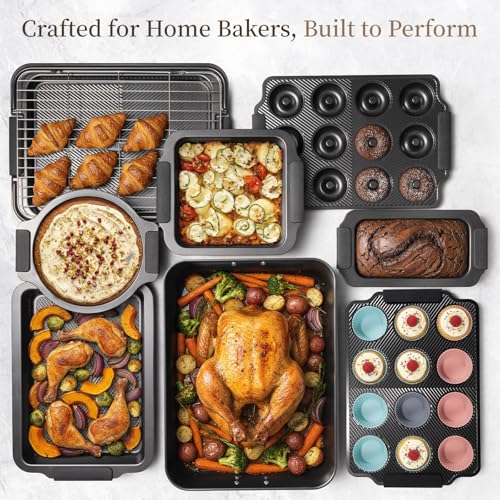 Kikcoin 25 PCS Stackable Baking Pans Set, Non-stick Bakeware Sets with Silicone Handles, 450°F Oven Safe Cookie Sheets for Baking, Easy Release Heavy-duty Baking Sheets Non Stick, Black