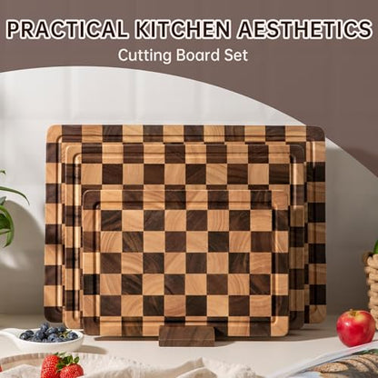 FYCTIO Checkered Cutting Boards for Kitchen, Wooden Cutting Board Set, Acacia Chopping Board with Juice Grooves & Handles, Butcher Block Serving Tray for Meat, Vegetables and Fruits, 3pcs