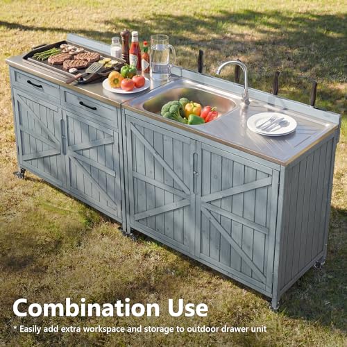 LUMISOL Outdoor Grill Cart with Stainless Steel Top, Farmhouse Outdoor Rolling Kitchen Island with Sink, Hose Hook Up & Faucet, 39.4" Kitchen Table with Back Splash & 4 Wheel, Grey+Blue