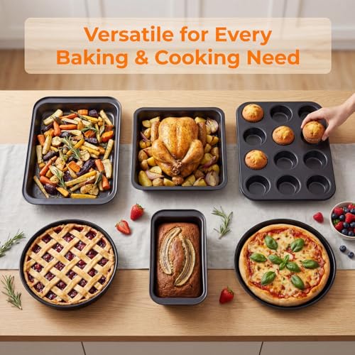 Baking Set, Nonstick Bakeware Sets,6 Pieces Baking Pans Set Including Roasting Pan Cookie Sheet Cake Pan Loaf Pan Muffin Pan, Oven & Dishwasher Safe Carbon Steel