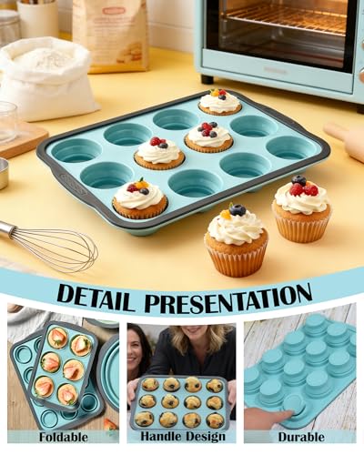 LGQUK Silicone Muffin Pan for Baking with Metal Frame， Nonstick Cupcake Pan， 12 Cup Baking Pan for Cupcake, Tarts, Egg Bites(12 Cup Green)