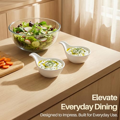 Flexzion Ceramic Dipping Bowls, Small Bowls for Dipping with Handle, Condiment Cups Soy Sauce Dish, Porcelain Ramekins, Sauce Holders, Containers for Small Side Dishes Dips - 3 oz, Set of 6, White