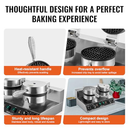 VEVOR Commercial Waffle Maker, Dual-Head Round Waffle Baker Machine, 2460W Non-Stick Stainless Steel Belgian Waffle Iron with Temp and Time Control, Handle, for Restaurant Bakery Snack Bar Family