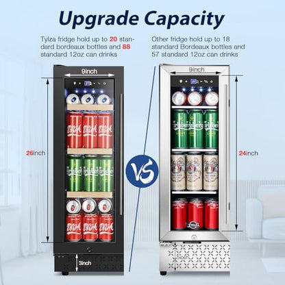 Tylza 24 Inch Wine and Beverage Refrigerator, Dual Zone Wine Beverage Cooler 24" with French Door, Under Counter Wine Beer Fridge Built-In or Freestanding, Holds 20 Bottles and 88 Cans, Black