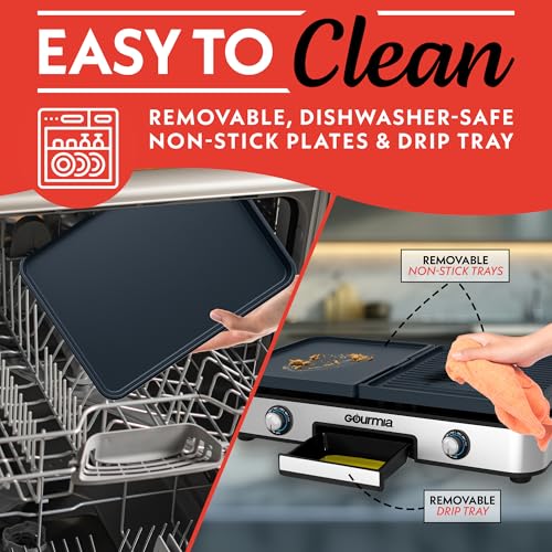 Gourmia 3-in-1 Indoor Grill & Griddle Electric Combo – Dual Independent Cooking Zones, Reversible Nonstick Ceramic Plates, XL Cooking Surface, 250–400°F Adjustable Temp, Dishwasher Safe