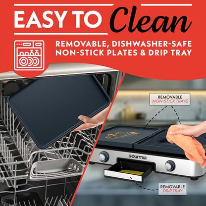 Gourmia 3-in-1 Indoor Grill & Griddle Electric Combo – Dual Independent Cooking Zones, Reversible Nonstick Ceramic Plates, XL Cooking Surface, 250–400°F Adjustable Temp, Dishwasher Safe