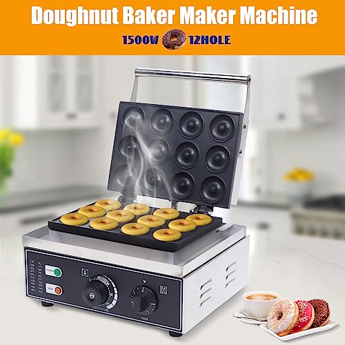 Rocoreny Mini Donut Maker, Pancakes Maker Machine,1550W Electric Commercial Waffle Donut Machine Double-Sided Heating 50-300℃ Non-Stick Coating For Professional Kitchen, Bakery, Dessert Shop (12Holes)