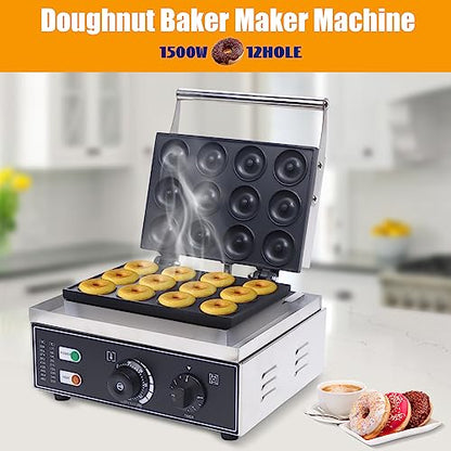 Rocoreny Mini Donut Maker, Pancakes Maker Machine,1550W Electric Commercial Waffle Donut Machine Double-Sided Heating 50-300℃ Non-Stick Coating For Professional Kitchen, Bakery, Dessert Shop (12Holes)