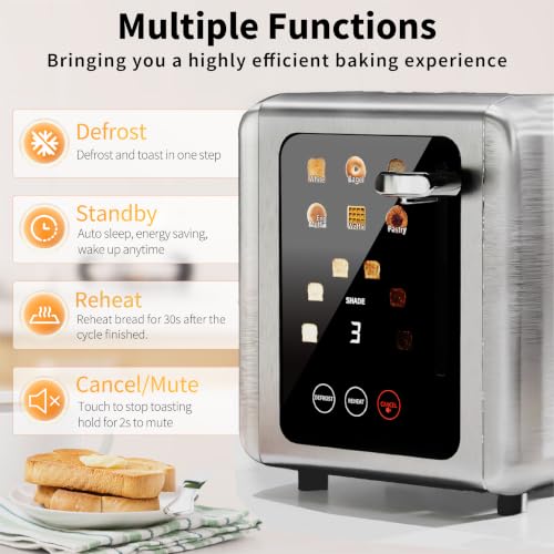 WHALL Full Touch Screen Toaster 2 Slice, Smart Toaster for Bread, Silver