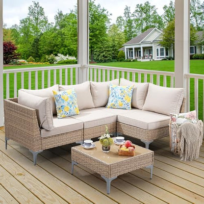 SunloungeCo 5-Piece Patio Furniture Set, Outdoor Wicker Sectional Sofa with Coffee Table, Anti-Slip & Thick All-Weather Cushions for Party, Garden, Backyard, Beige